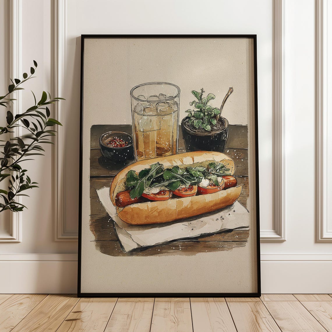 Hot Dog With Iced Drink Hand Drawn Watercolor Kitchen Poster