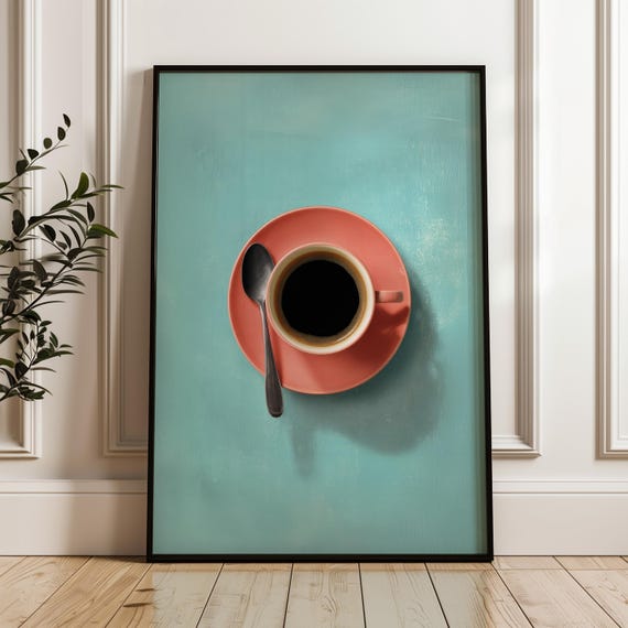 Coffee Cup Poster Peach Pink On Turquoise Background