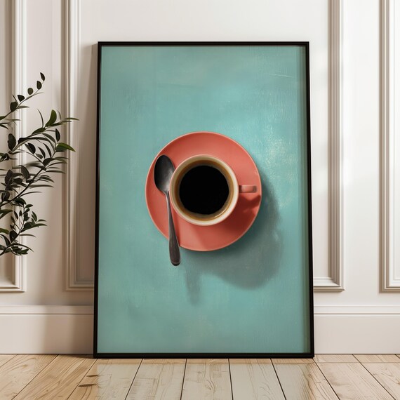 Coral Coffee Cup Bright Turquoise Background Modern Kitchen Wall Poster