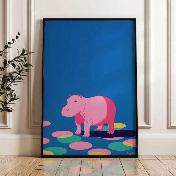 Minimal Hippo Art Print Modern Pop Poster Blue And Pink Wall Decor Playful Home