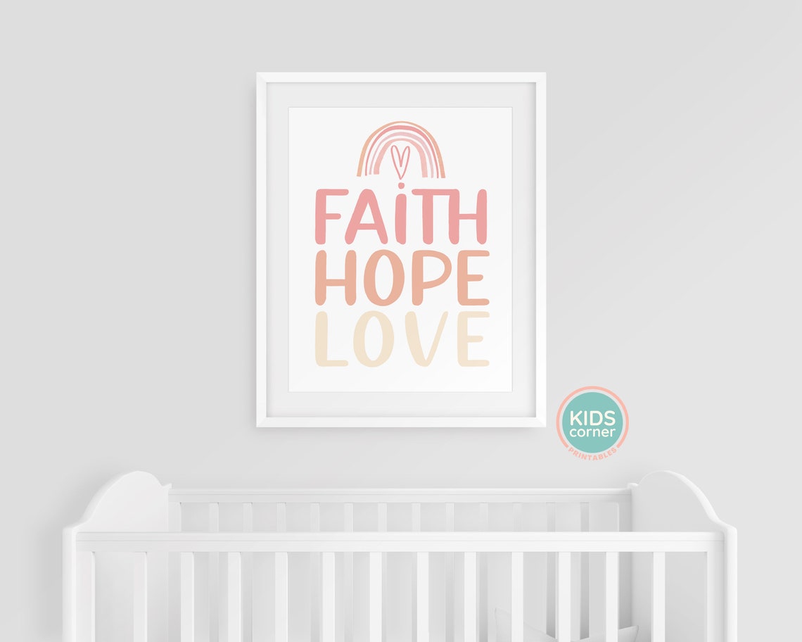 Faith Hope Love Print Pink Orange Yellow Letters Rainbow Pink Heart Corinthians Bible Reference Love - Image 3
