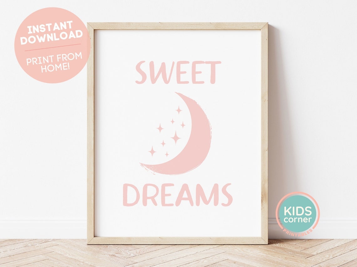 Sweet Dreams Pink Moon And Stars Nursery Typography Art Poster