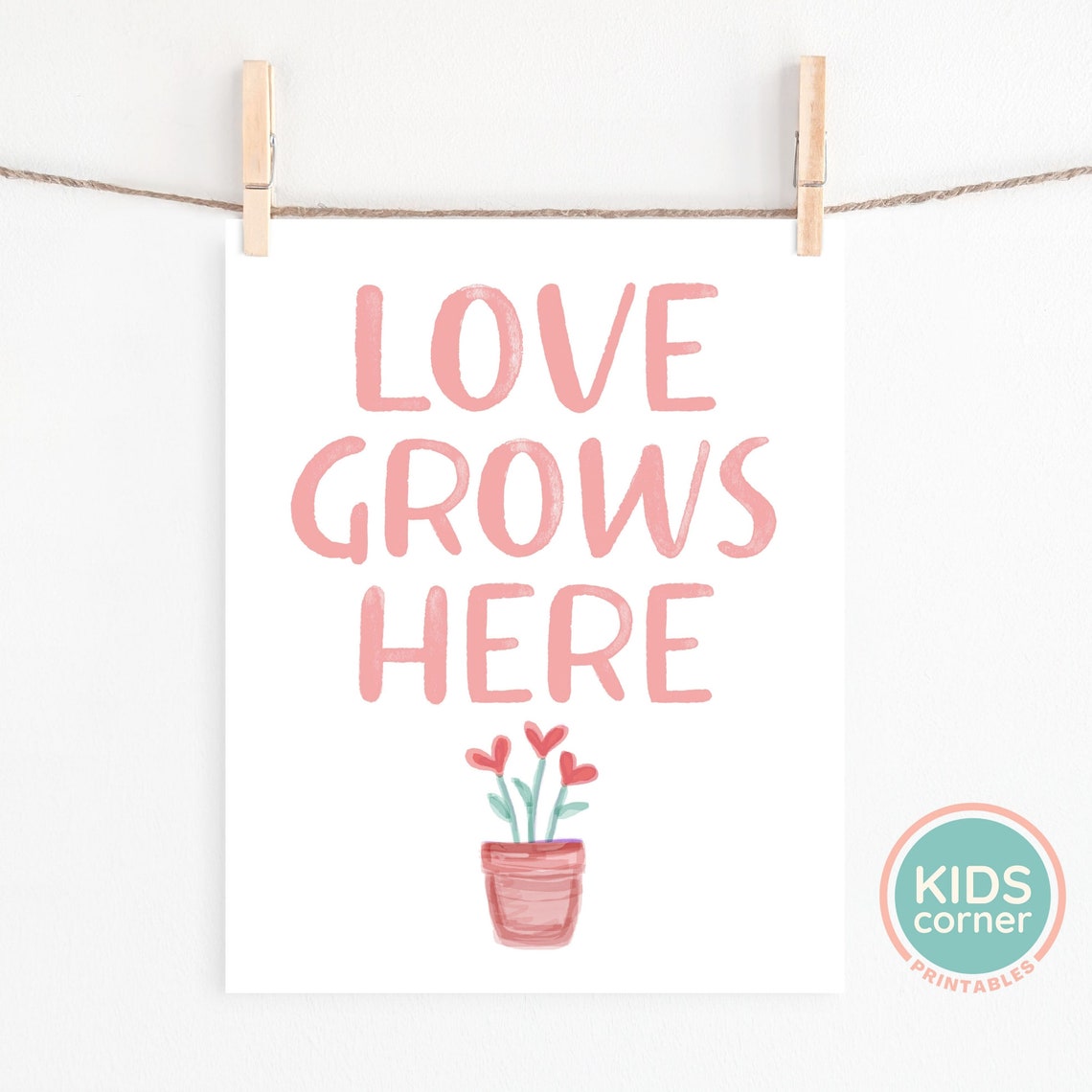 Love Grows Here Pink Quote Poster with Potted Heart Flowers Decor - Image 2