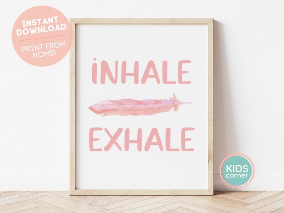 Inhale Exhale Pink Watercolor Feather Mindfulness Breathing Poster