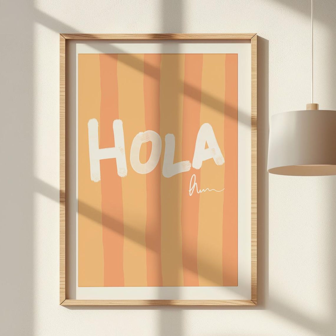 Hola Hand Painted Orange Striped Spanish Greeting Art Poster