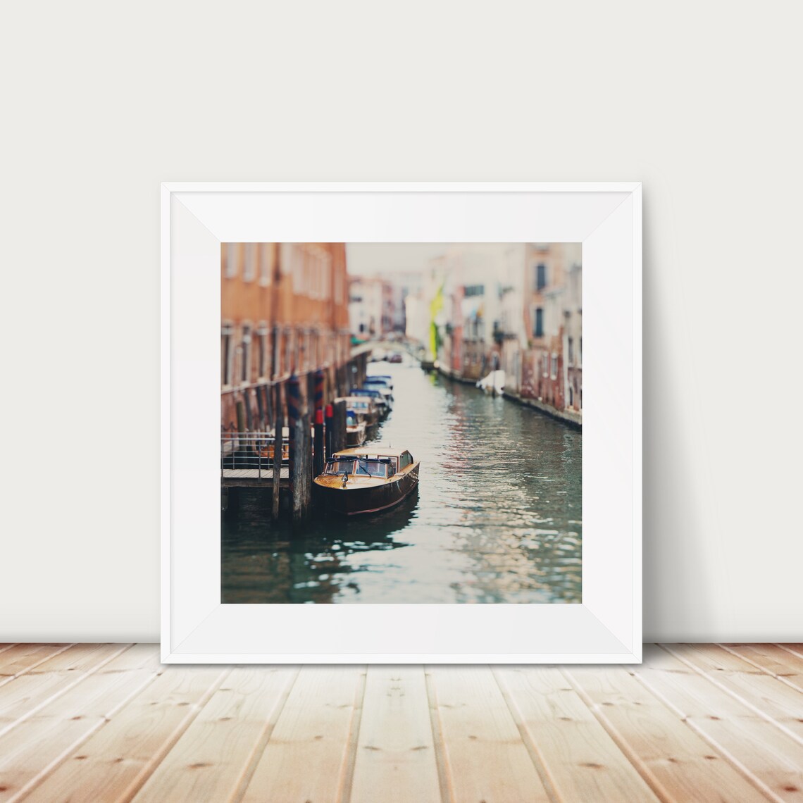 Venice Old Canal With Moored Wooden Boats Vintage Travel Photo Poster