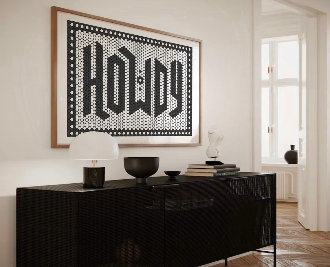 Howdy Black and White Hex Tile Typography Western Decor Poster
