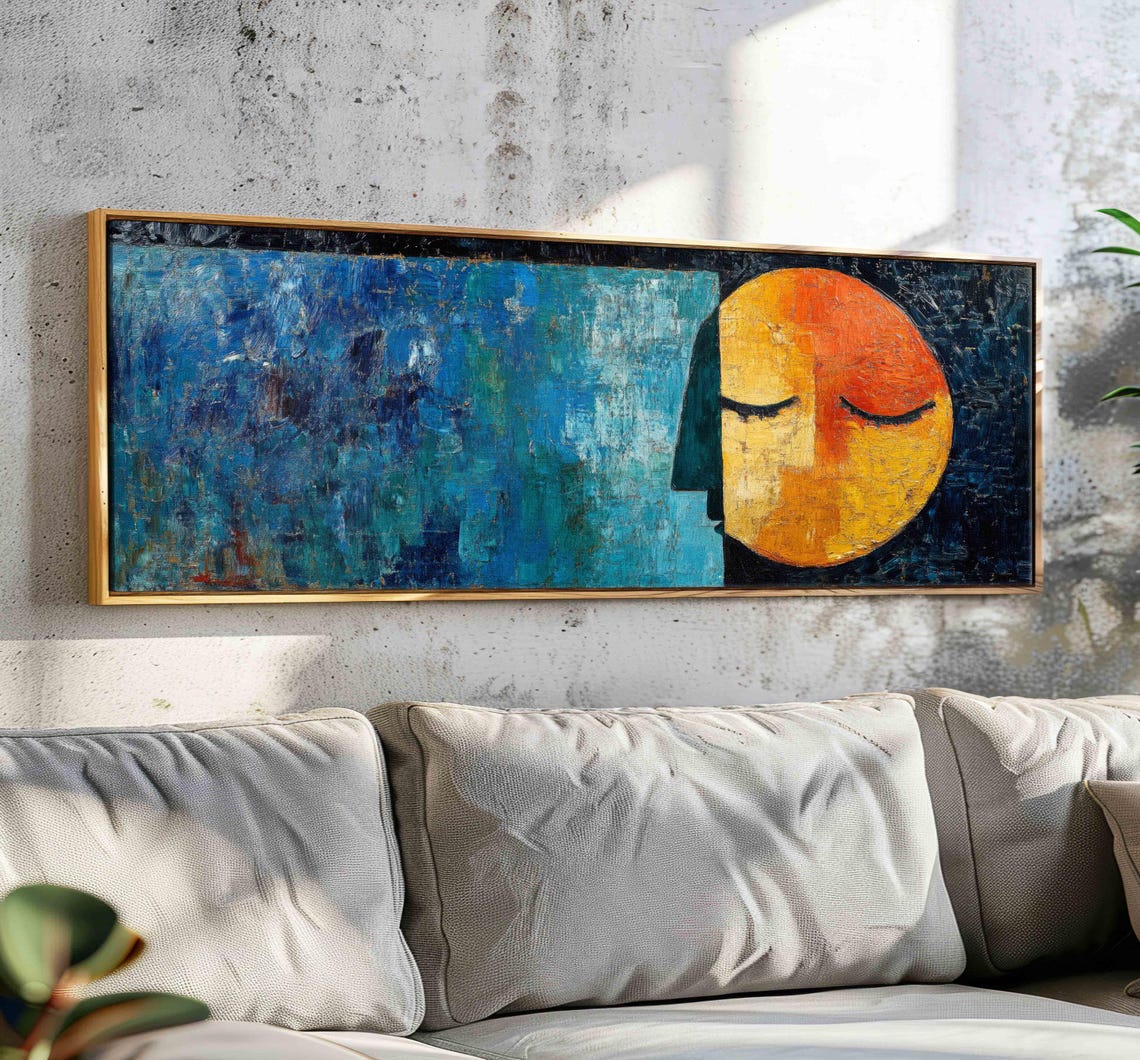 Abstract Sun Face Profile Blue Modern Surreal Panoramic Art Poster