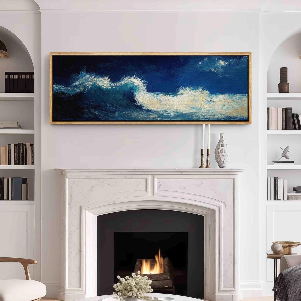 Moonlit Ocean Wave Night Seascape Dark Blue Panoramic Art Poster - Image 3