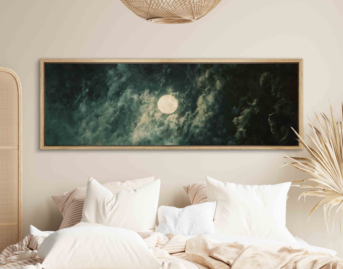 Full Moon Over Dark Moody Clouds Night Sky Panoramic Framed Art Print - Image 2