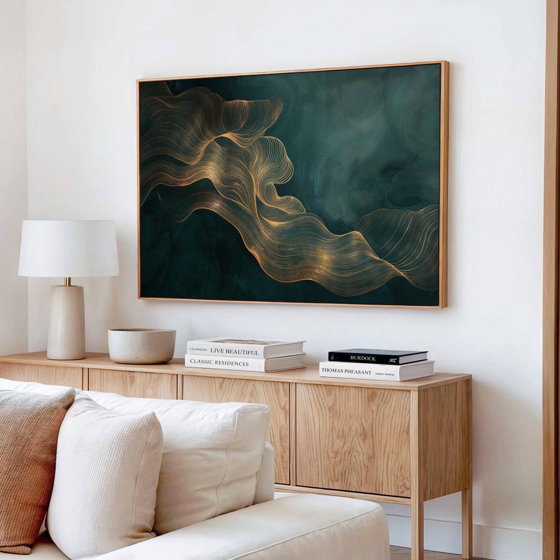 Dark Green Gold Flowing Line Wave Abstract Luxury Decor Poster - Image 3