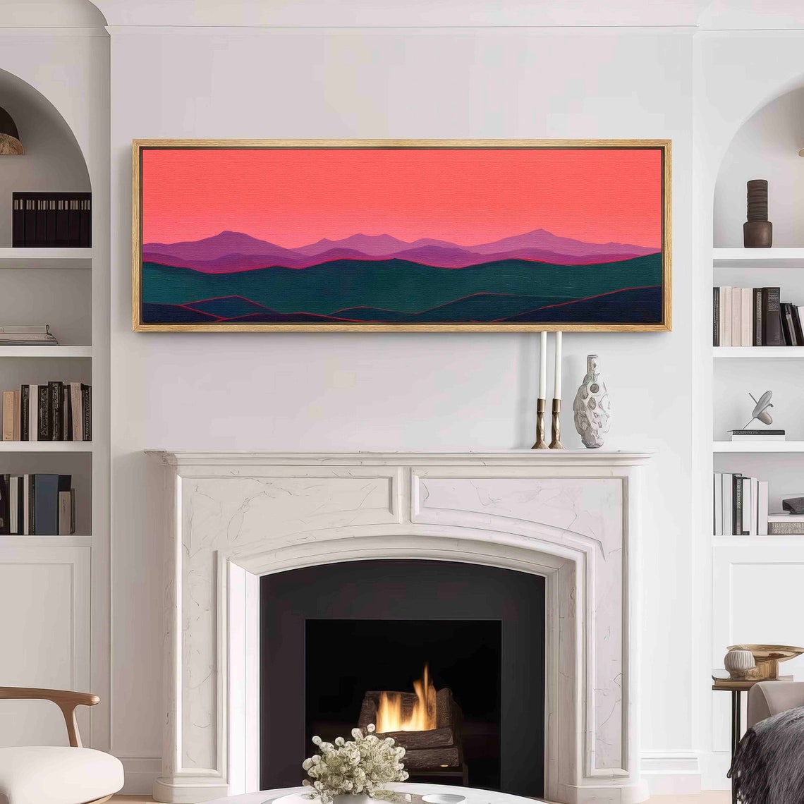 Coral Sunset Layered Mountain Ridges Minimal Modern Landscape Wall Art - Image 3