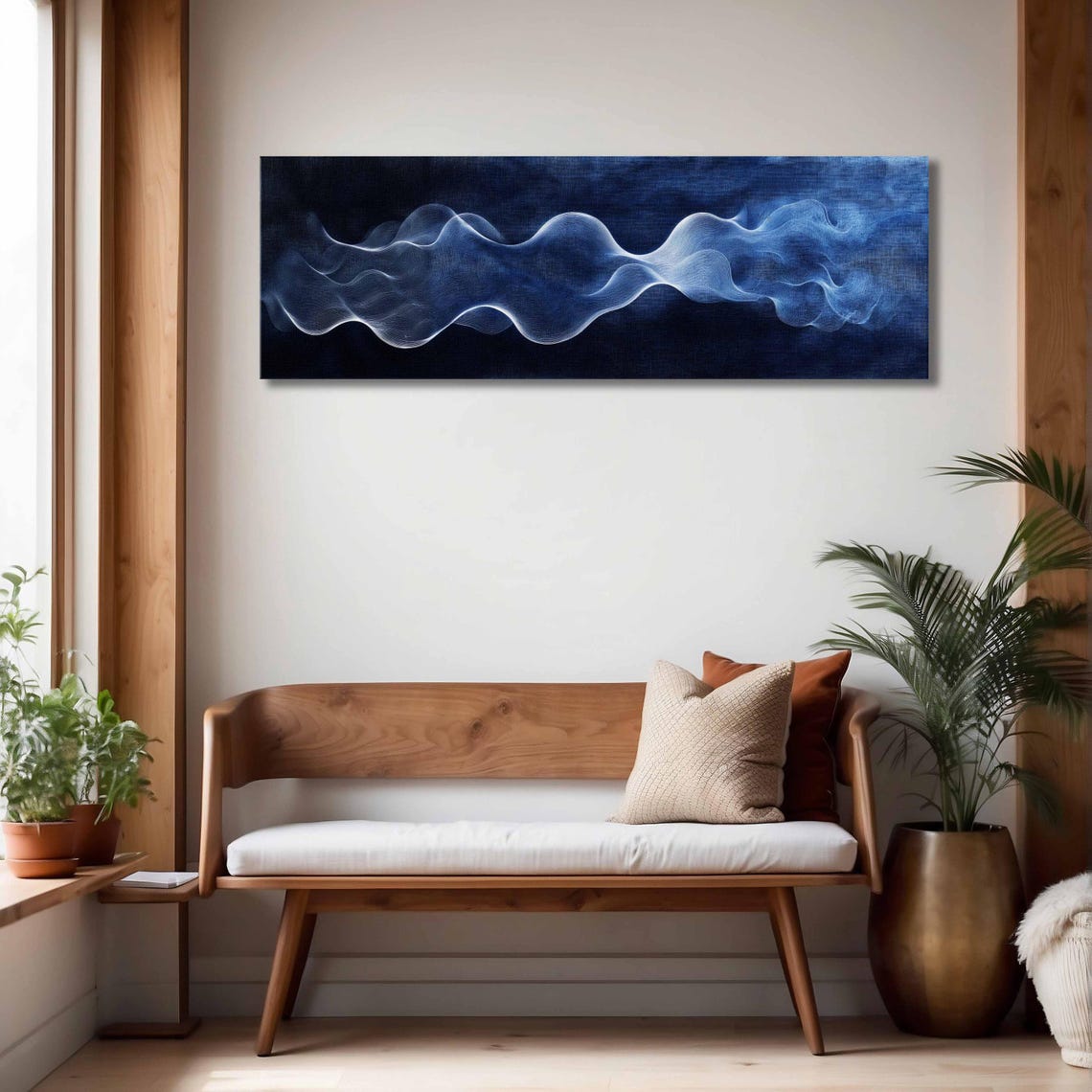 White Smoke Wave Navy Blue Abstract Panoramic Minimalist Art Poster - Image 4