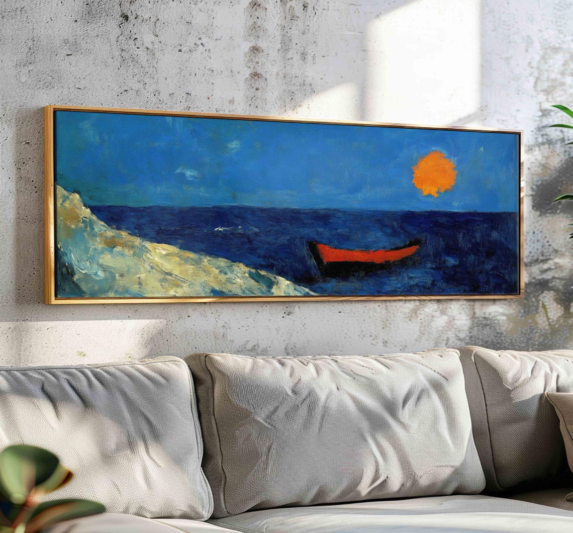 Expressionist Seascape Red Boat Orange Sun Blue Ocean Art Print