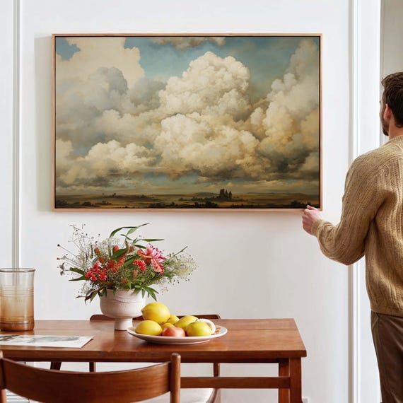 Vintage Cloud Wall Art Framed Canvasposter Print Above Bedsofa Decor Horizontal Wall Art Ready To Hang Wall Decor Landscape Wall Art