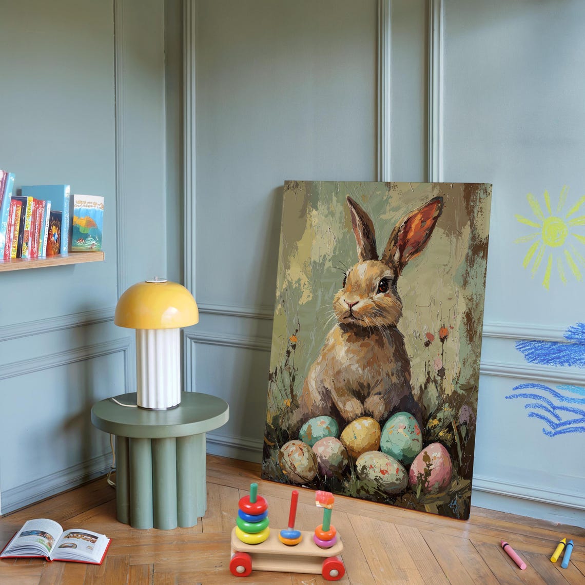 Impressionist Easter Bunny Painted Eggs Spring Meadow Oil Print - Image 2