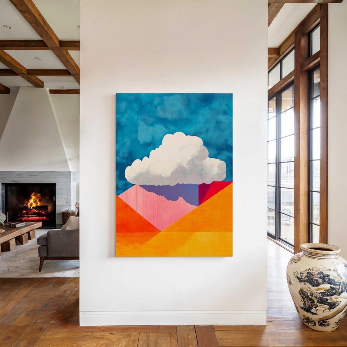 White Cloud Over Colorful Geometric Mountain Peaks Modern Wall Art