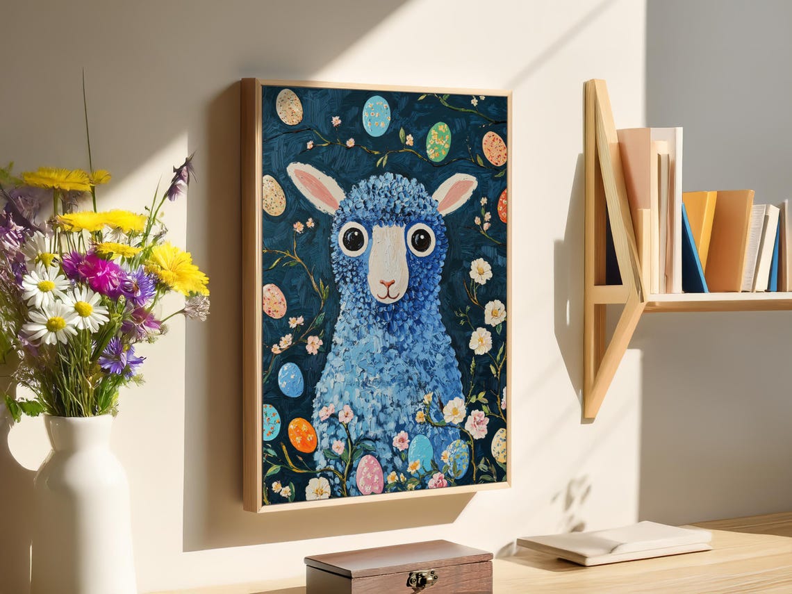 Cute Blue Lamb Easter Eggs Blossoms Dark Teal Whimsical Animal Poster - Image 3