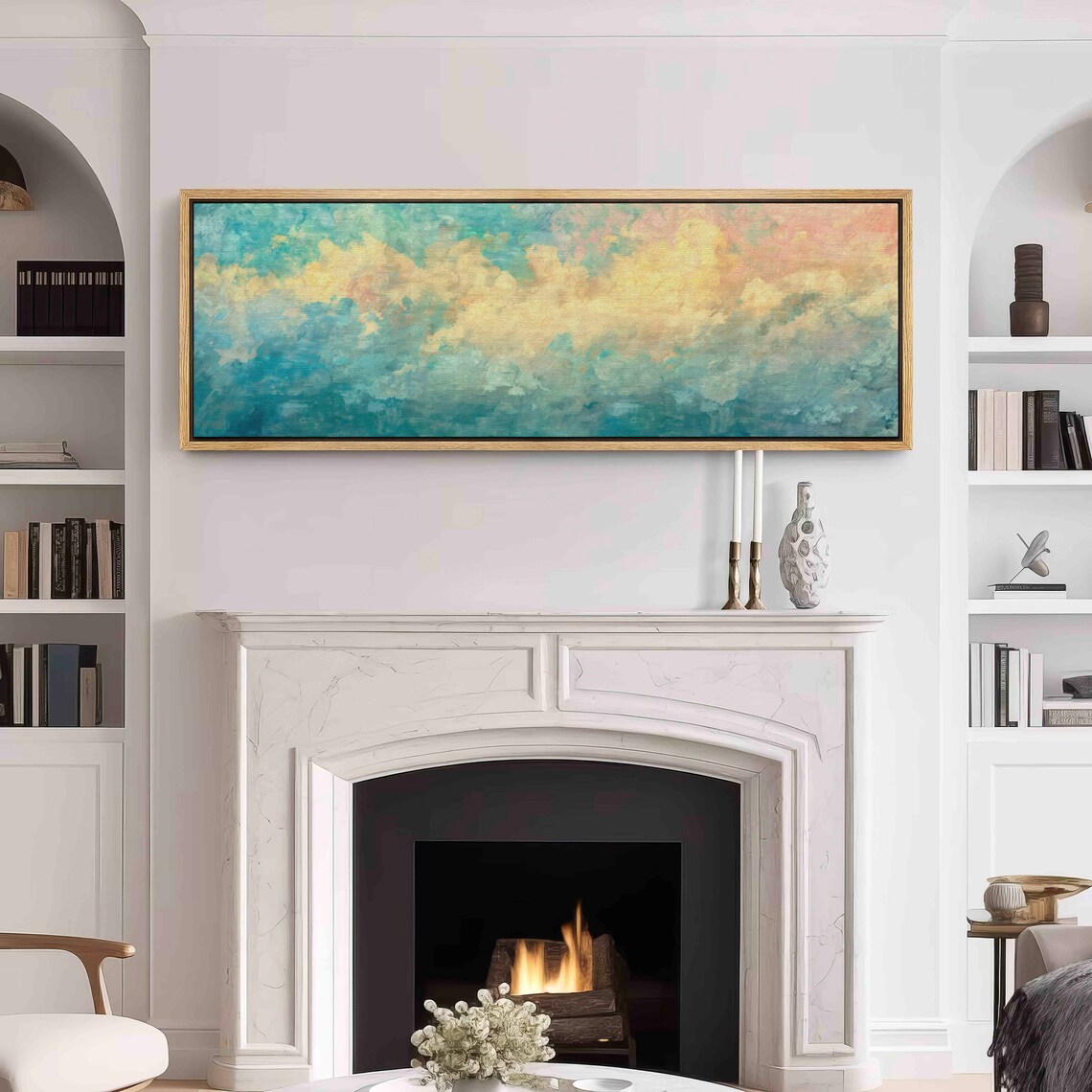 Golden Clouds in Turquoise Sky Dreamy Abstract Cloud Painting Wall Art - Image 3