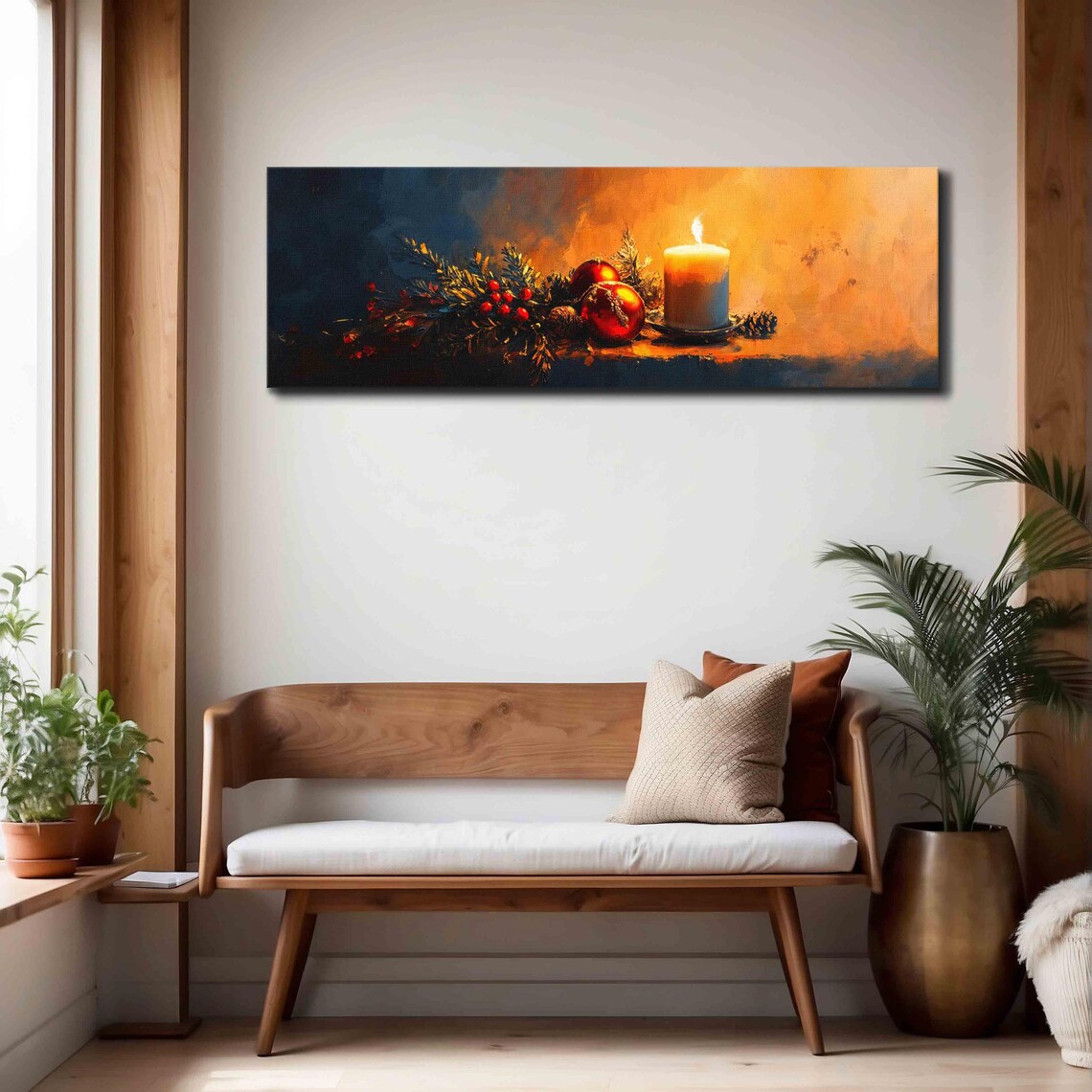 Christmas Candle With Red Ornaments Pine Still Life Moody Wall Art - Image 4