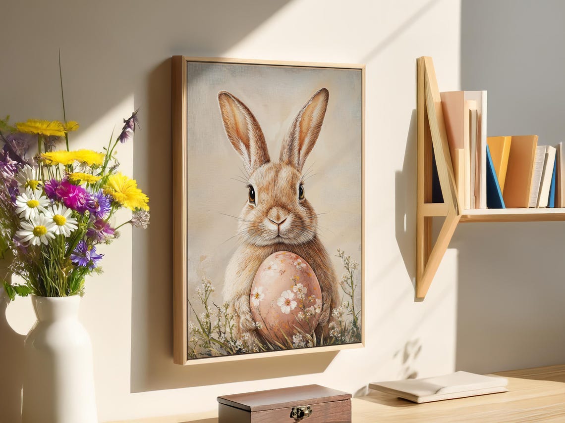 Cute Bunny Holding Decorated Easter Egg Floral Spring Portrait Poster - Image 3