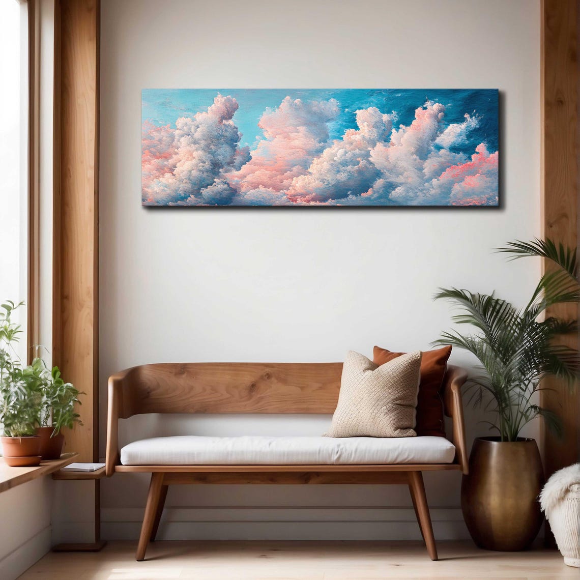 Pink Blush Cumulus Clouds Bright Blue Sky Panoramic Framed Art Print - Image 4