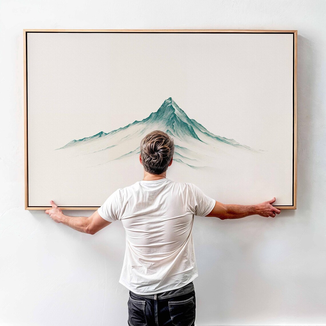 Minimalist Japanese Ink Green Mountain Peak Zen Cream Art Print - Image 4