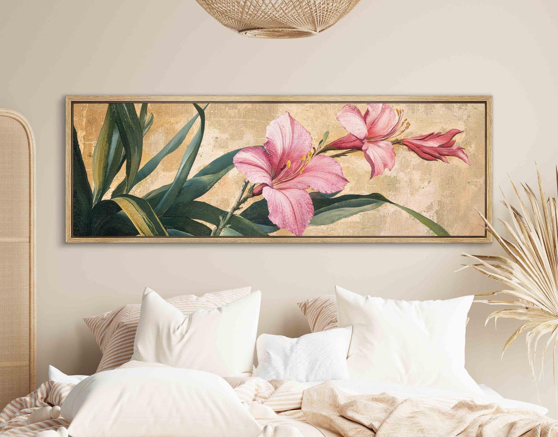 Pink Amaryllis Blossoms on Gold Vintage Botanical Floral Wall Art - Image 2