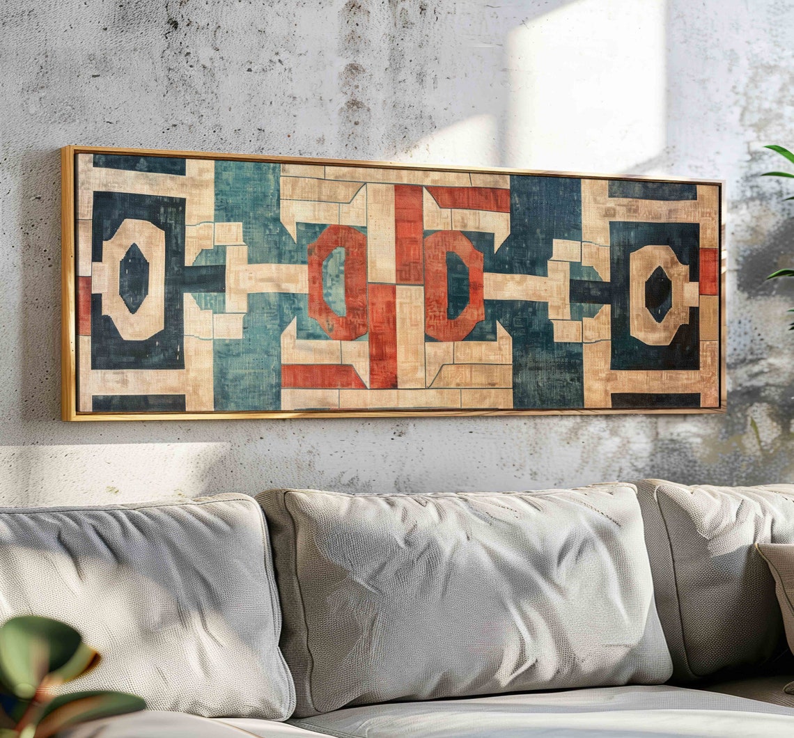 Beige Teal Red Geometric Vintage Tapestry Textile Pattern Wall Art