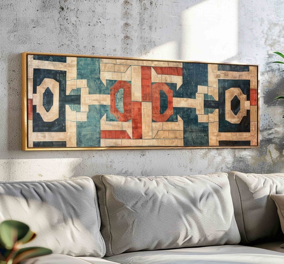 Beige Red Blue Vintage Tapestry Wall Art Framed Vintage Textile Wall Art Print Geometric Tapestry Print Boho Wall Decor Above Bed Decor