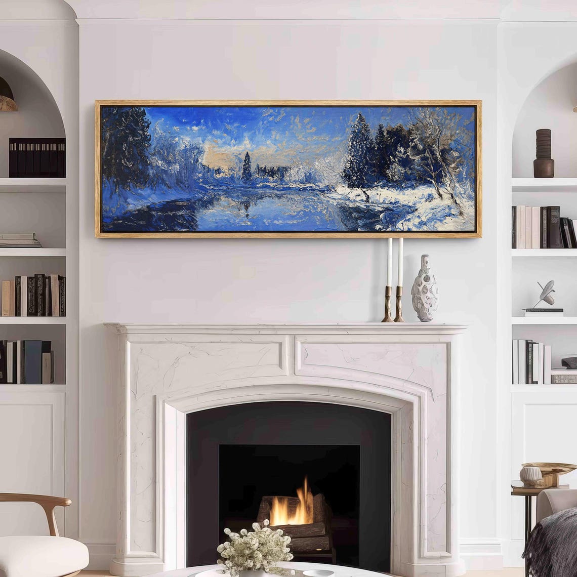Snowy Blue Winter Forest River Impressionist Landscape Wall Art - Image 3