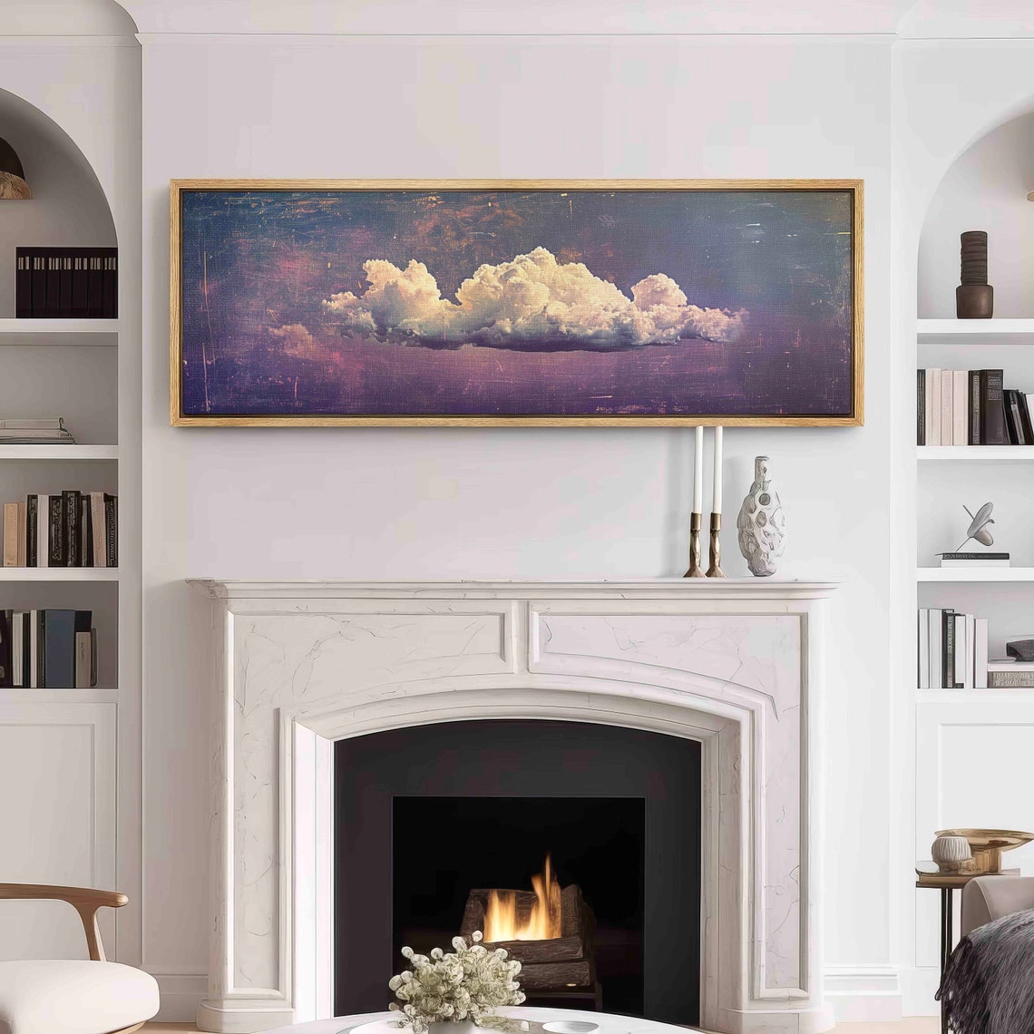 Single White Cloud on Vintage Purple Sky Textured Panoramic Wall Art - Image 3