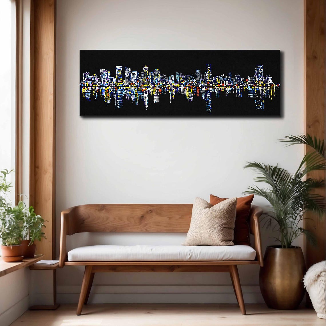 City Skyline Night Made of Colorful Glowing Dots Panoramic Wall Art - Image 4