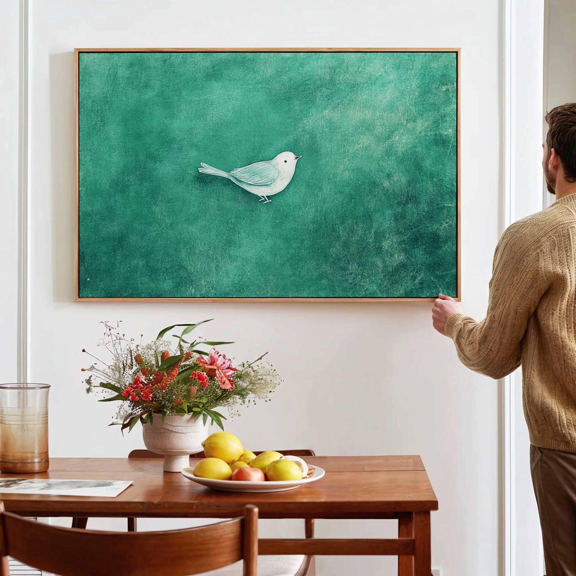 White Bird Emerald Green Minimalist Bird Painting Peaceful Art Poster
