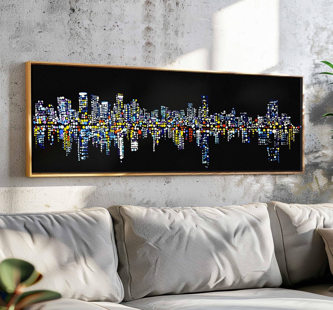 City Skyline Night Made of Colorful Glowing Dots Panoramic Wall Art