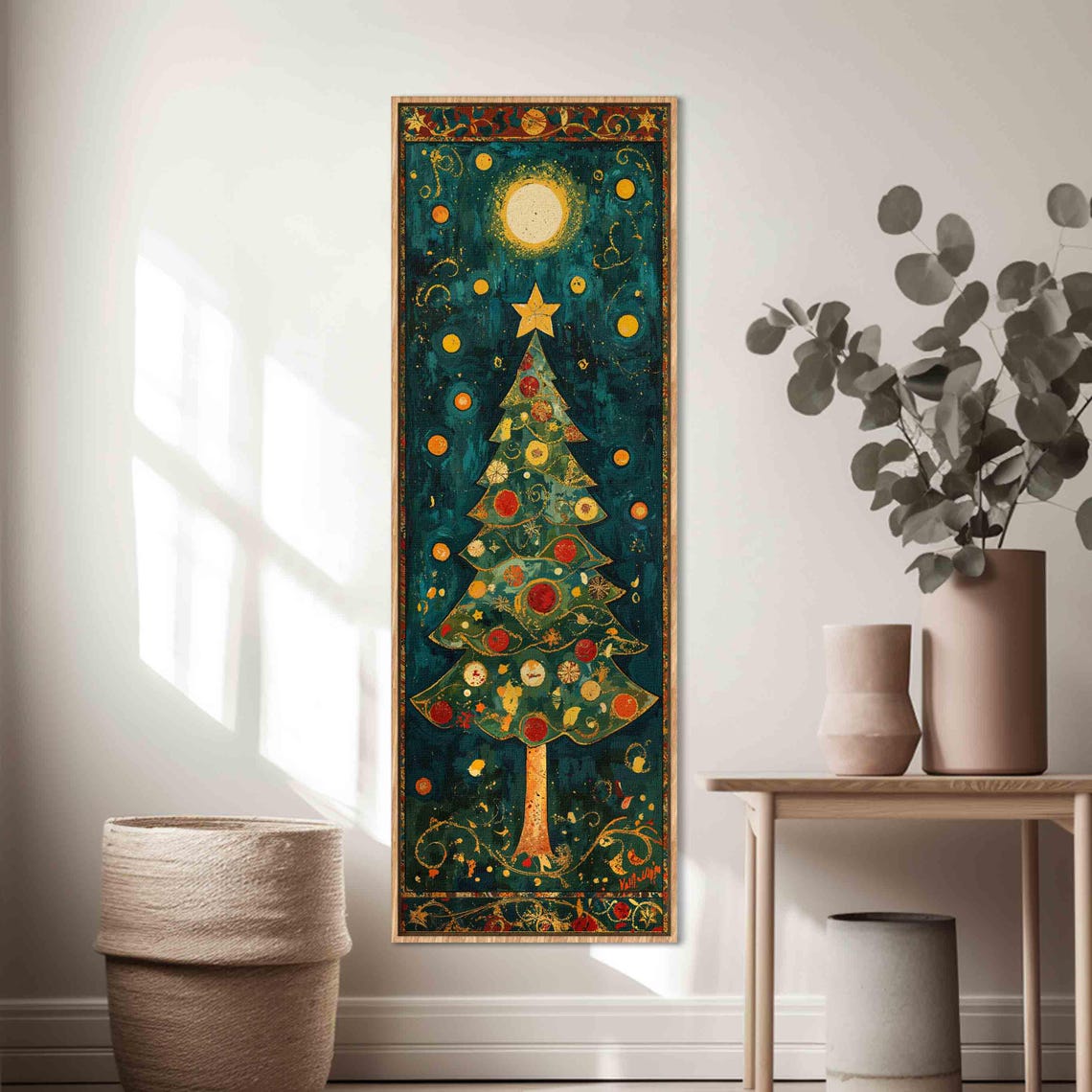 Vintage Folk Christmas Tree Teal Gold Ornaments Star Festive Art Print