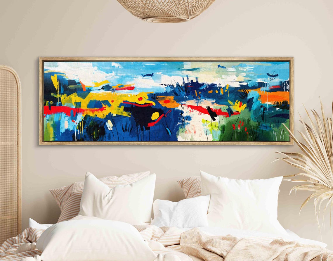 Colorful Abstract Landscape Bold Blue Yellow Panoramic Art Poster - Image 2