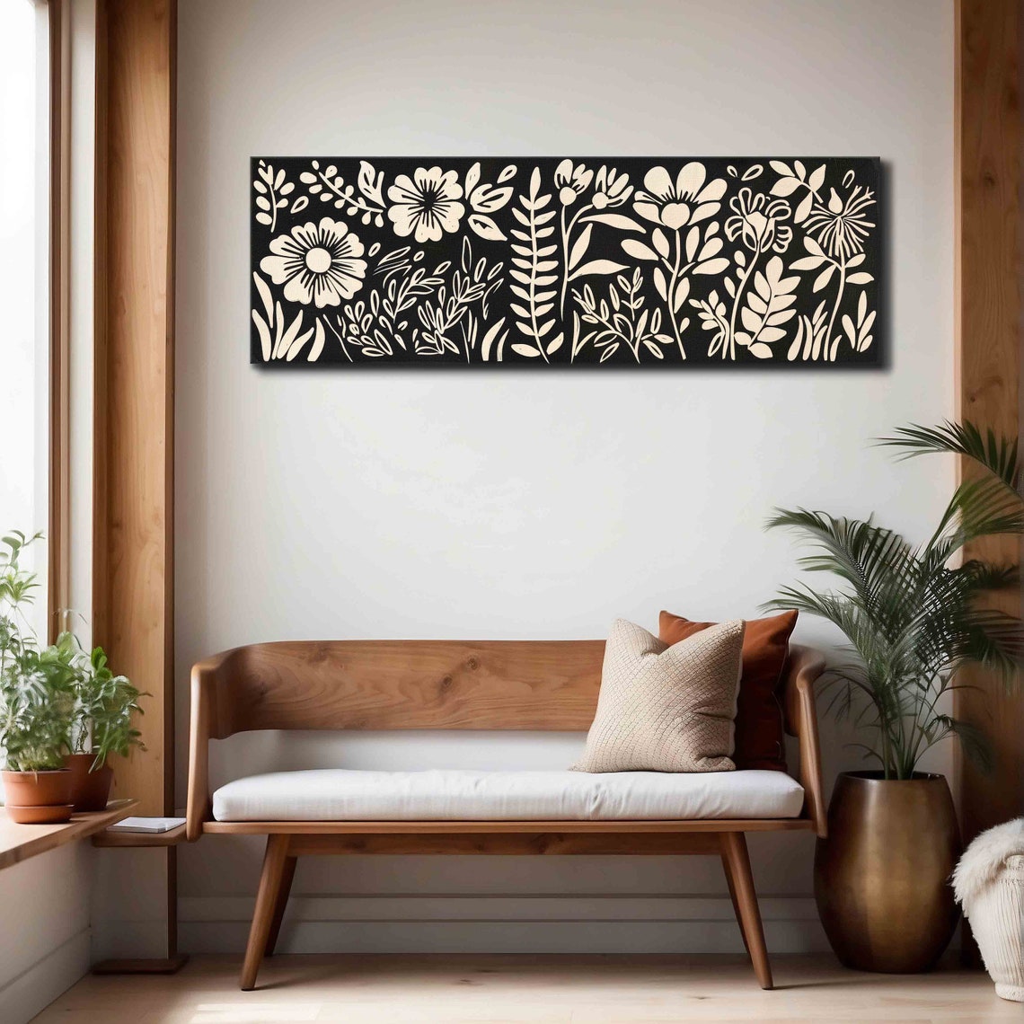 Black White Floral Silhouette Panoramic Modern Botanical Art Print - Image 3