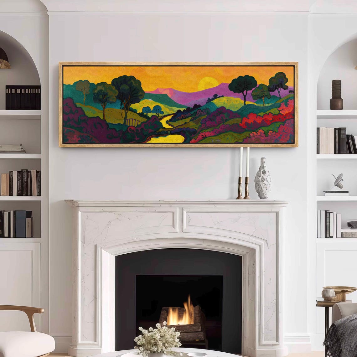 Colorful Valley Sunset Hills Painted Fauvist Landscape Panoramic Print - Image 3