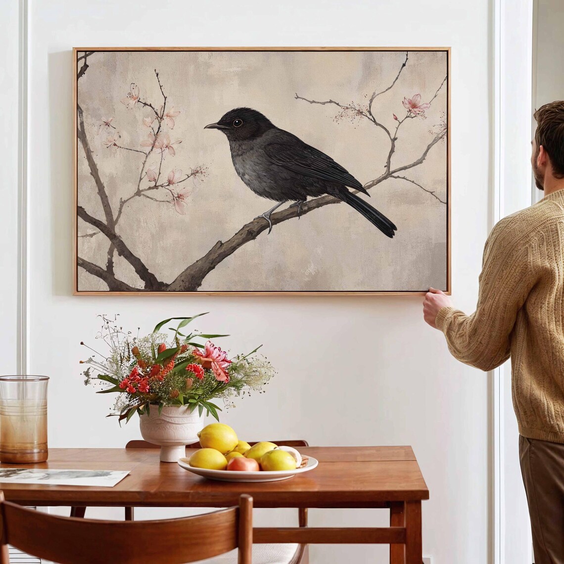 Black Bird on Cherry Blossom Branch Japanese Style Painting Poster