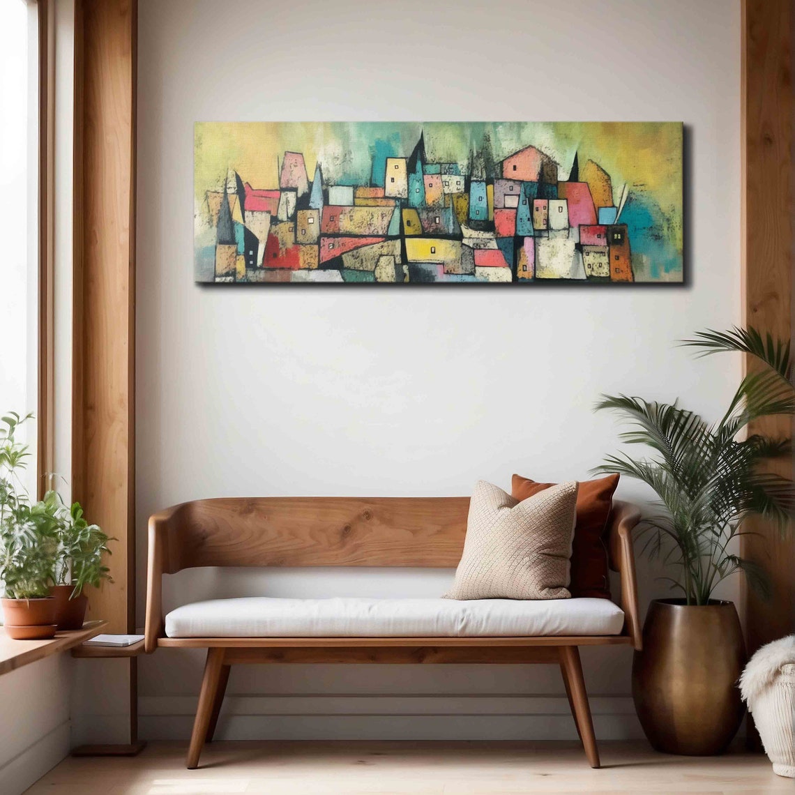 Colorful Abstract Village Houses Painting Mid Century Wall Art - Image 4