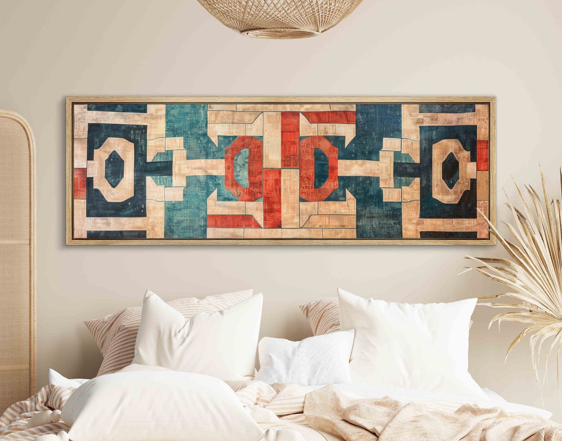 Beige Teal Red Geometric Vintage Tapestry Textile Pattern Wall Art - Image 2