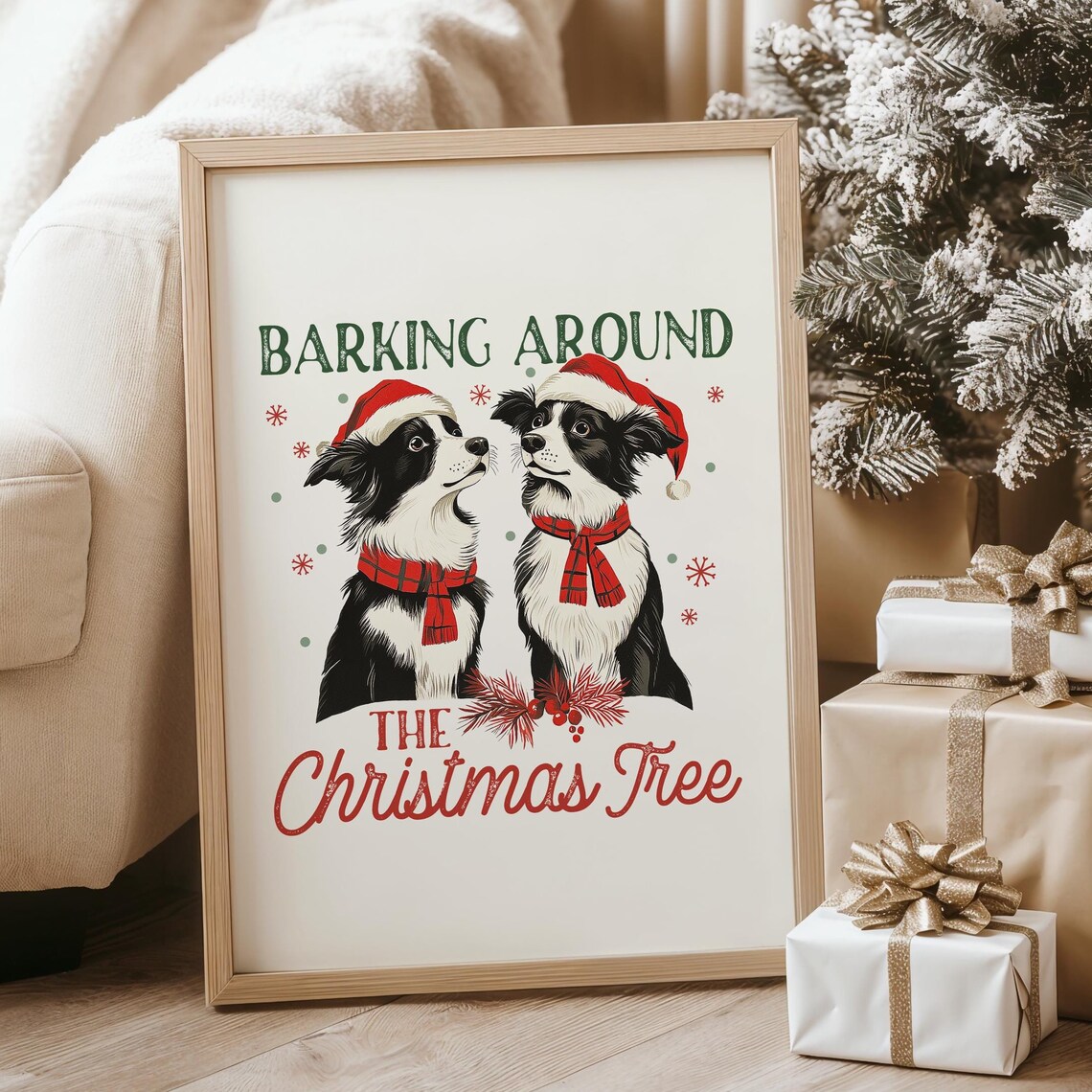 Barking Around the Christmas Tree Border Collie Dog Holiday Poster