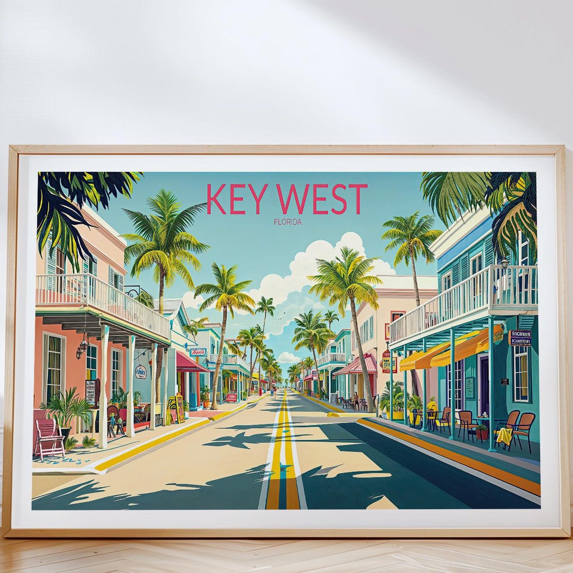 Key West Florida Palm Lined Street Pastel Shops Travel Poster