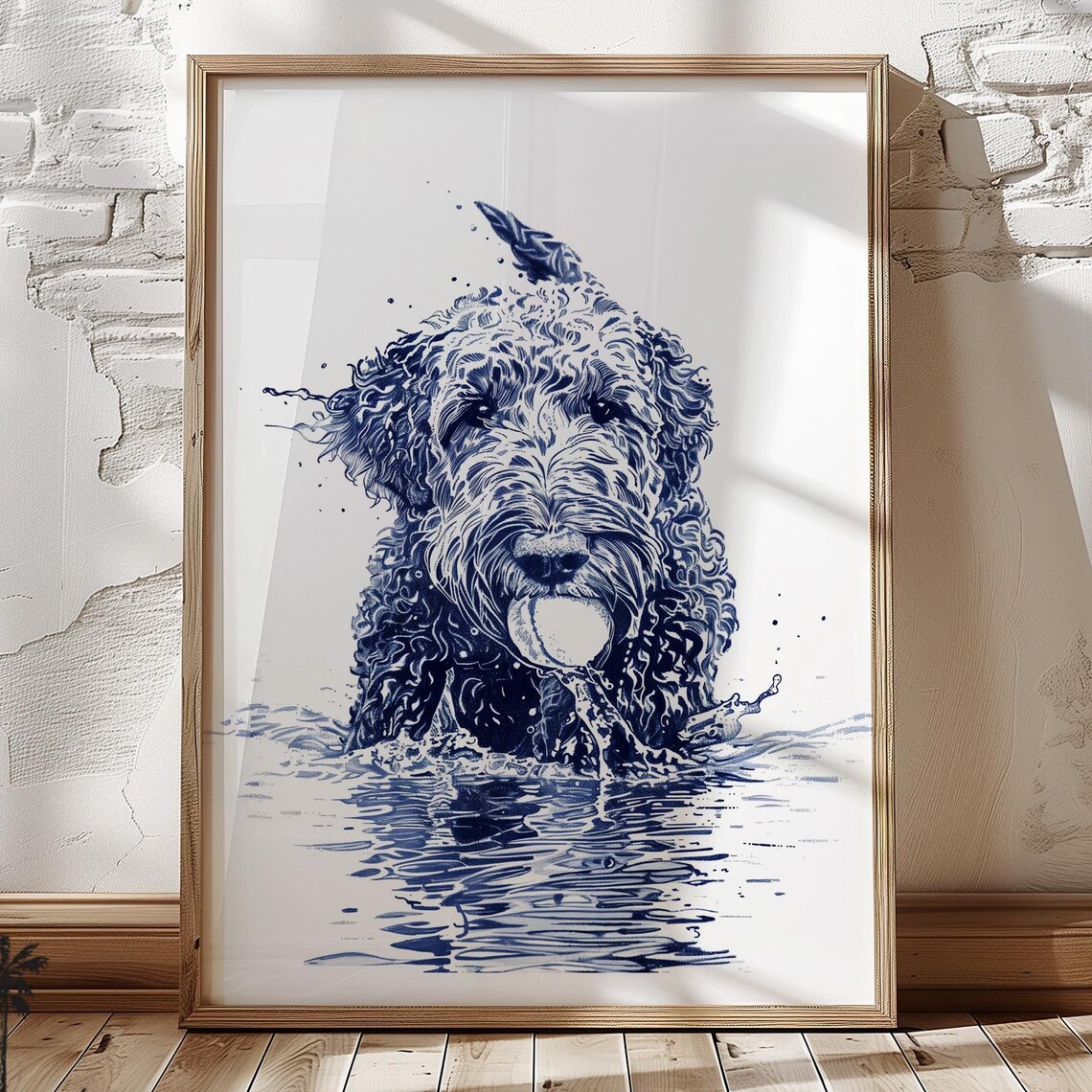 Whoodle Dog Playing Fetch Summer Lake Art Print