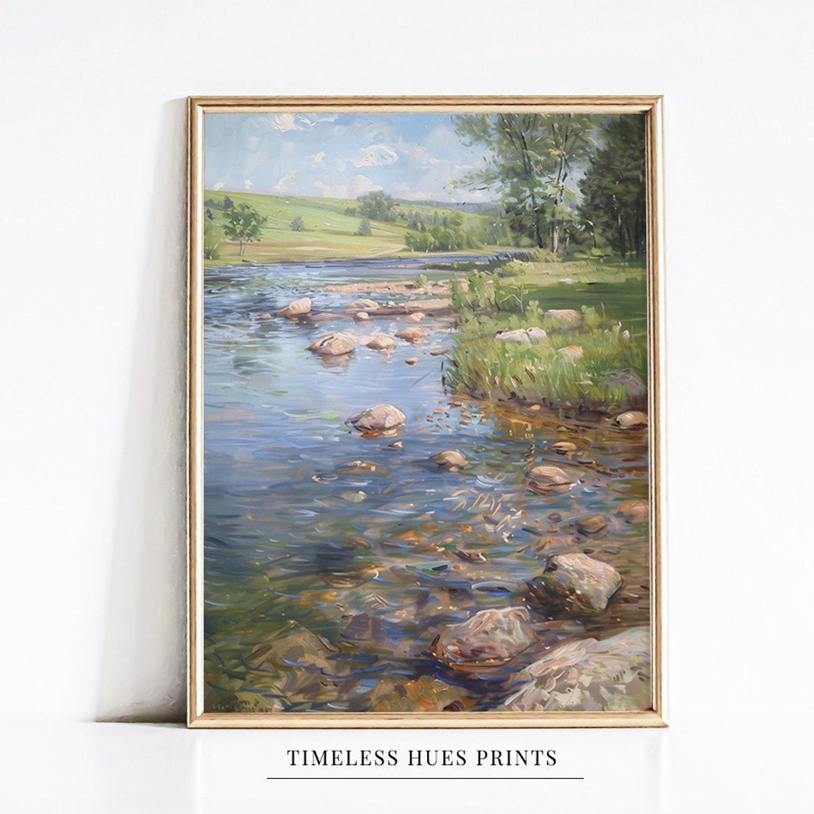 Clear Shallow River With Smooth Stones And Green Banks Poster