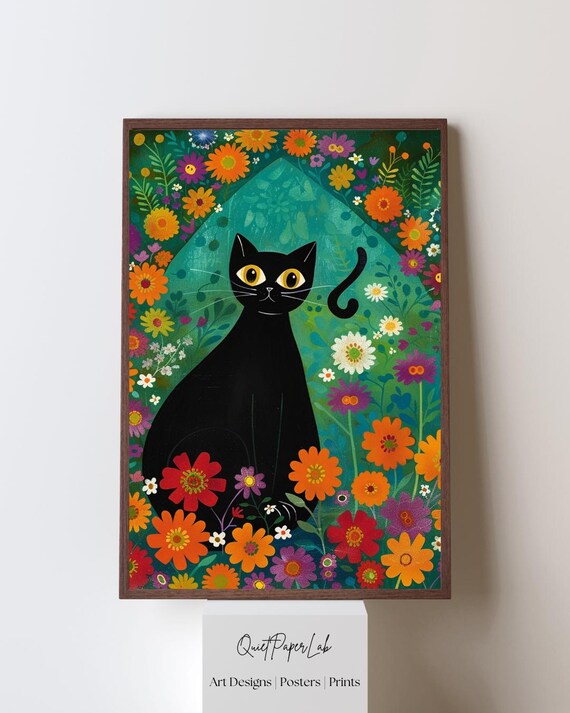 Whimsical Black Cat Among Colorful Bright Flowers Folk Art Poster