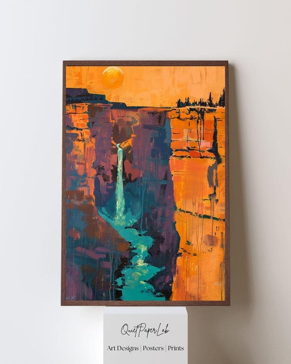 Desert Canyon Waterfall Abstract Sunset Palette Retro Painterly Wall Art Print Modern Southwest Decor Poster Unframed