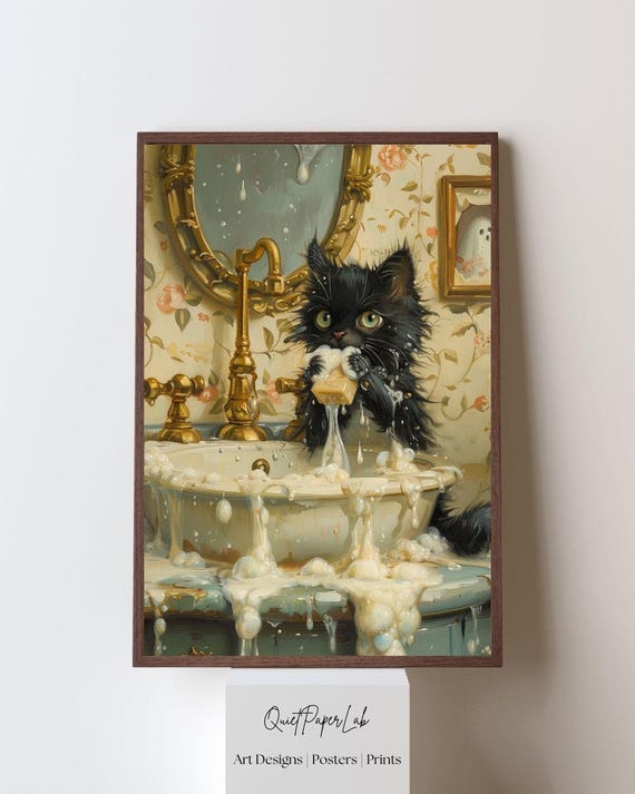 Black Cat In Vintage Sink Whimsical Bathroom Playful Wall Art Print Funny Decor Poster Unframed