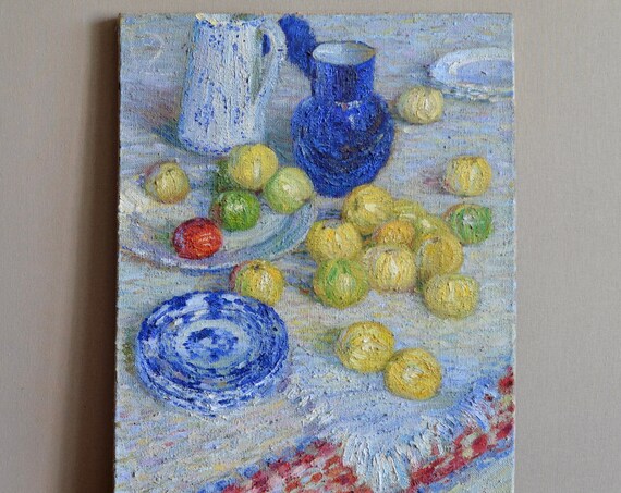 Large Kitchen Still Life With A Jug And Fruit Vintage Oil Painting Blue Jug With White Crockery And Yellow Apples Unique Fine Art